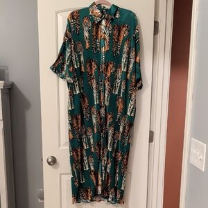 Dressed in LALA Teal Maxi Dress with Black and Brown Tiger Print